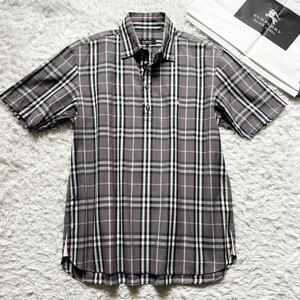 美品 バーバリーブラックレーベル シャツ 半袖 ノバチェック【定番デザイン】 2／M BURBERRY BLACK LABEL グレー 春夏