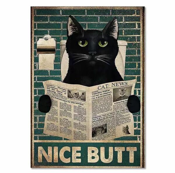 ブリキ看板 トイレで新聞を読む黒猫 アメリカン雑貨 おしゃれ 壁装飾 カフェバー