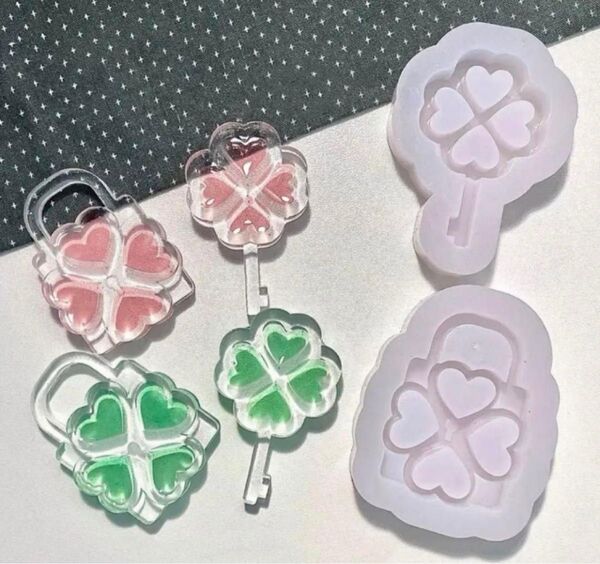 シリコンモールド ハート 葉っぱ 鍵 南京錠 シェイカー キーホルダー レジン ペア ハンドメイド