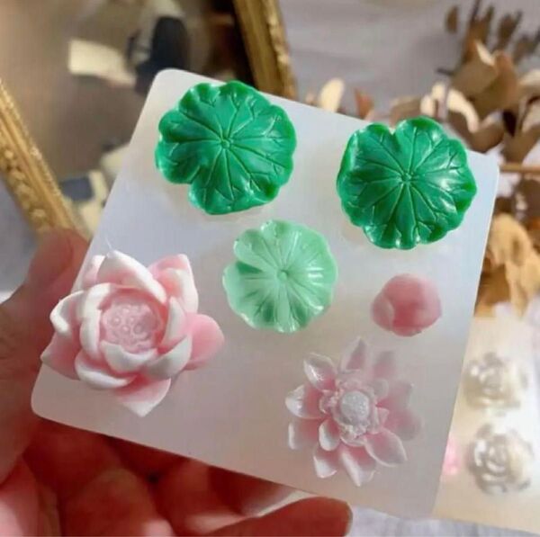 シリコンモールド フラワー 蓮 立体型 葉っぱ 蕾 ハス レジン 花 デコパーツ ハンドメイド 粘土 デコレーション