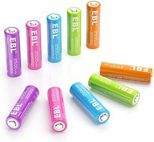 EBL 単3充電池 カラフル充電式 ニッケル水素電池 2500mAh 充電電池10本入り ケース付き AA充電池 ソーラー、トラン