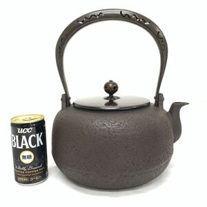 旧家蔵出 一陞造 銅蓋 虫喰提手 柚子肌 鉄瓶 総重量約3kg 茶道具　