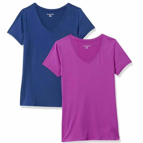 レディース 半袖Tシャツ Vネック Lサイズ 2枚組 ピンク ネイビー Tシャツ ストレッチ