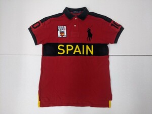 14．POLO ポロ ラルフローレン スペイン エスパニョール デカロゴ 10番 ビッグポニー 半袖 鹿子 ポロシャツ SPAIN ESP メンズM 赤黒y706