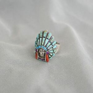 ネイティブアメリカン インディアンチーフヘッドモチーフリングリング 指輪 シルバー アクセサリー ジュエリー オパール　アメリカ雑貨 