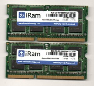 iRam ★ ノート用メモリ　DDR3-1866MHz (PC3-14900S)　8GB×２枚セット　計 16GB ★ 両面16枚チップ ★