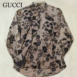 1円 【入手困難】 GUCCI グッチ 長袖 ドレスシャツ ボタニカル柄 フローラ柄 slim 薄いパープル ロゴ刻印ボタン コットン Lサイズ相当