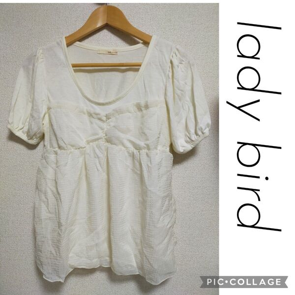 lady bird アイボリーホワイト ビスチェレイヤード風チェック柄シフォン胸元切替シャーリングTシャツ ドッキングプルオーバー