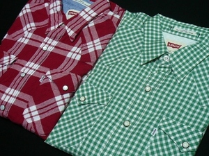 美品LEVISリーバイス半袖ウエスタンチェックシャツM(S)赤+緑２枚組\11000