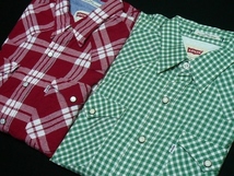 美品LEVISリーバイス半袖ウエスタンチェックシャツM(S)赤+緑２枚組\11000_画像1