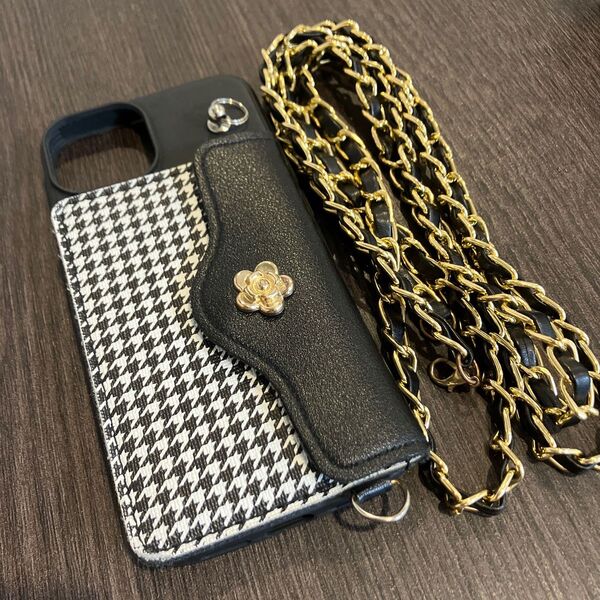 スマホケース iPhone アイフォンケース iPhoneケース ブラック ショルダーストラップ付き カード入れ付き 千鳥柄