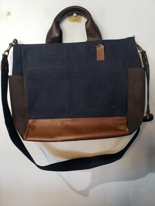 COACH Coach 2WAY bag shoulder bag leather navy blue tea color 