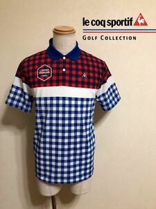 【美品】 le coq sportif GOLF ルコック ゴルフ ウェア ドライポロシャツ チェック柄 トップス サイズM 半袖 デサント QG2907 青 赤 白