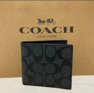新品　COACH 長財布　コーチ　二つ折り財布　レディース メンズ シンプル ブラック シグネチャー