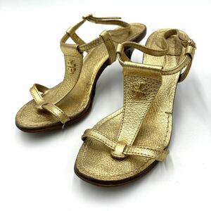 L * ' feeling of luxury overflow ' TORY BURCH Tory Burch GOLD Logo metal original leather mules / heel sandals 5M 22cm lady's shoes 