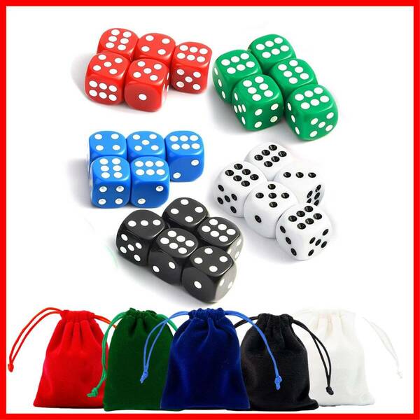 【特価商品】（レッド、ブルー、グリーン、白、ブラック）5色収納袋付き 5色 ボードゲーム カードゲーム (5色 25個 六面 ダイ