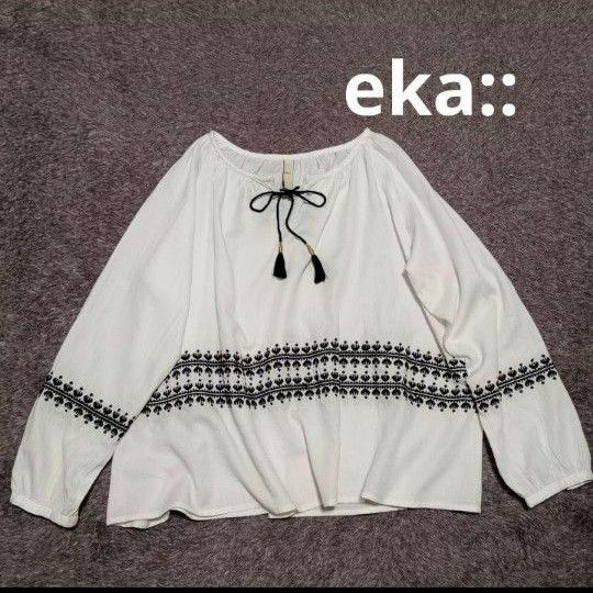 訳あり eka:: エーカ エンブロイダリー ブラウス 刺繍 インド製 カットソー プルオーバー スキッパーシャツ ゆったり