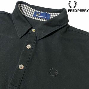  popular black [FRED PERRY] polo-shirt with short sleeves same color Logo embroidery one part thousand bird pattern ( silver chewing gum check ) Fred Perry black deer. .M size beautiful goods *
