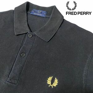  popular black [FRED PERRY] polo-shirt with short sleeves . Logo stamp Fred Perry Logo embroidery deer. . finest quality cotton 100% M size corresponding spring summer superior article *