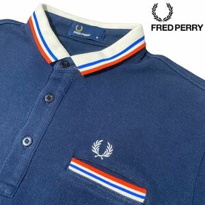 L corresponding * rare!! franc scalar [FRED PERRY] polo-shirt with short sleeves deer. . Logo embroidery Fred Perry . Logo stamp dark blue finest quality cotton 100% beautiful goods *