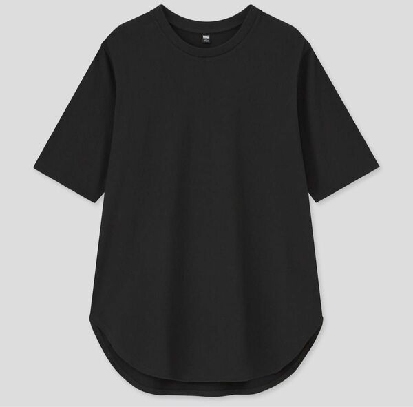UNIQLO ユニクロ スムーズコットンラウンドヘムロングT（半袖） ブラック Tシャツ 半袖tシャツ S