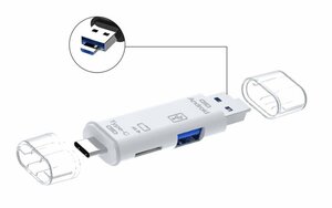 【vaps_3】USBマルチカードリーダー USB2.0 microUSB TypeC対応 伸縮変形タイプ 《ホワイト》 送込