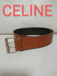 超希少 極上美品【CELINE セリーヌ】レザー ベルト ブラウン ダブル穴 ステッチ ゴールド金具