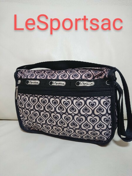 美品【LeSportsac レスポートサック】ショルダーバッグ ハート 総柄 ハワイ限定 ブラック