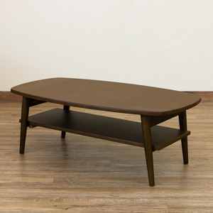 折りたたみテーブル 90cm幅 棚付き センターテーブル 楕円 オーバル型 木製 ローテーブル VTM-02 ダークブラウン(DBR)