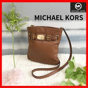 【MICHAL KORS】マイケルコース　BROWN レザー　ショルダーバッグ　サコッシュ　ブラウン　茶　ゴールド金具　チェーン 