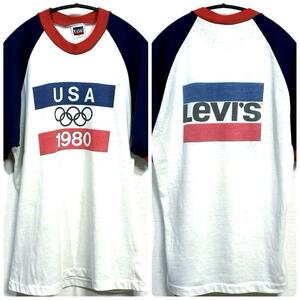 M 良品 80s USA製 両面 リーバイス 1980 染み込み ラグラン Tシャツ Levis アメリカ 古着 男子 女子 オリンピック オールド ビンテージ