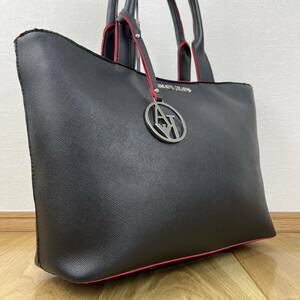 1 jpy beautiful goods ARMANI JEANS Armani Jeans Logo plate charm tote bag shoulder .. hand A4 storage business men's leather black red 