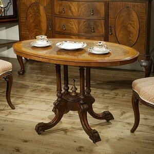 英国イギリスアンティーク家具 杢目の美しい オーバルテーブル カフェテーブル 楕円 象嵌 B007W