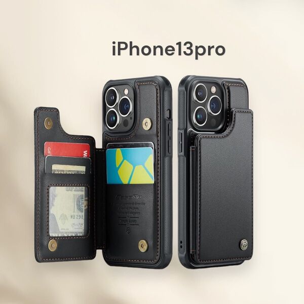 JDDLang iPhone13pro ケース カード収納 背面ケース手帳型 カバー ブラック