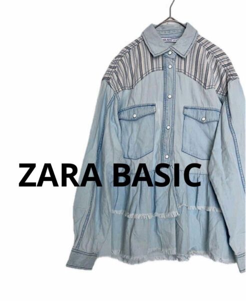 【ZARA BASIC】ザラ　デニムシャツ　レース　ブラウストップス　カットソー 長袖シャツ コットン 古着
