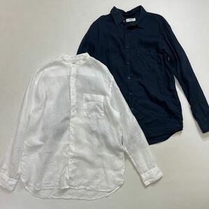 271 UNIQLO ユニクロ プレミアムリネンシャツ 長袖 2枚セット サイズL 麻 メンズ スタンドカラー 薄地 春夏 無地 ホワイト ネイビー 40601I