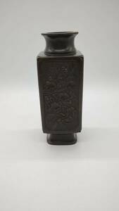 中国 古物 花瓶 時代物 花器 壺 古銅 清時代 銅器 花模様 銘あり 細かい 花入 中国古美術