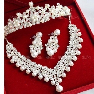  earrings / earrings * necklace * Tiara 3 point set pearl wedding accessory wedding wedding hair accessory 
