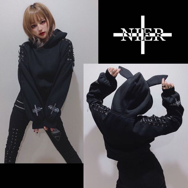 NieR 袖レースアップ短丈HOODIE【うさ耳付き】