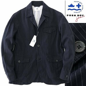 新品 ポッシュボーイ 春夏 ストライプ ドライビング ジャケット L 紺 【TJF101_540】 メンズ POSH BOY コットン ストレッチ ブルゾン