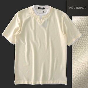 新品 イネドオム ハニカム キーネック Fレイヤード クルーネック 半袖 Tシャツ L 白 【I43435】 INED HOMME 春夏 メンズ 天竺 カットソー