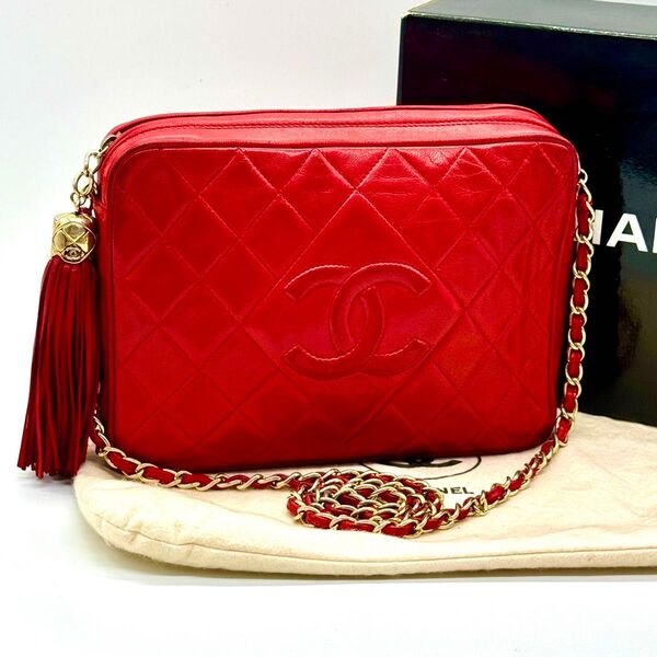 シャネル CHANEL マトラッセ ココマーク チェーンショルダーバッグ フリンジ付き 赤