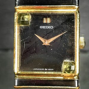 1970年代製 SEIKO セイコー 2220-5010 腕時計 アナログ 手巻き スクエア ブラック文字盤 レザーベルト ブラック 亀戸製 動作確認済み