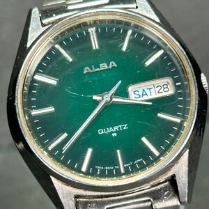 希少 SEIKO セイコー ALBA アルバ Y504-6010 腕時計 クオーツ アナログ カレンダー ヴィンテージ グリーン ステンレススチール 電池交換済