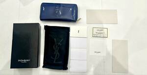 イヴ サンローラン Yves Saint Laurent長財布 ブルー　エナメル　 レザー レディース メンズ ウォレット 箱付き　1円スタート