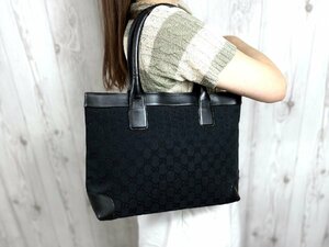 極美品 GUCCI グッチ GGキャンバス トートバッグ ハンドバッグ バッグ キャンバス×レザー 黒 A4収納可 72182