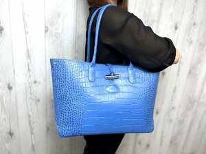  превосходный товар как новый LONGCHAMP Long Champ rozo большая сумка сумка на плечо сумка крокодил type вдавлено . кожа синий A4 место хранения возможно 72071