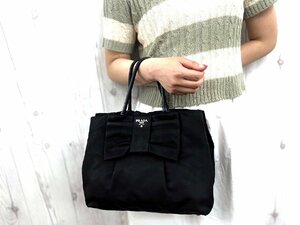 美品 PRADA プラダ リボントート ハンドバッグ トートバッグ バッグ ナイロン×レザー 黒 72095