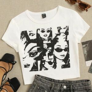 SHEIN クロップドTシャツ 90年代 フィギュアグラフィッククロップ y2k 半袖Tシャツ Tシャツ ホワイト ショート丈