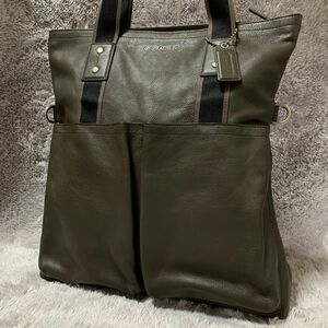 高級★美品★COACH コーチ ヘリテージ トートバッグ ショルダーバッグ カーキ ビジネスバッグ メンズ 通勤 通学 大容量